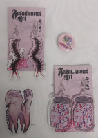 New | 4 Pcs | Jasminnows Art Set | Centipede Dangle Earrings, Jar of Eyes Dangle Earrings, Tooth Sticker & Computer Pin