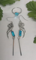 New | Silver Tone Size 10 Ring and Dangle Earrings Set w/ Blue Gems