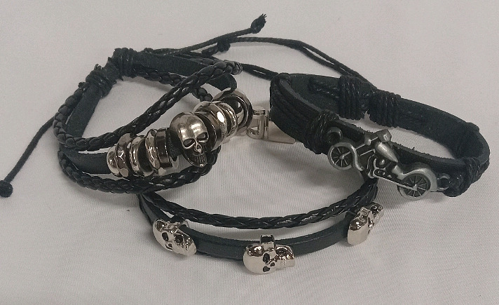 New | 3 Pcs Men's Faux Leather Braxelets w/ Skulls and Motorcycle Theme