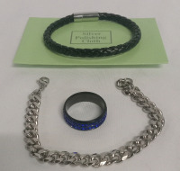 New | 4 pcs Men's Jewlery Set Includes: Silver Polish Cloth, Faux Leather Bracelet, Size 12 Ring w/ Blue Rhinestones & Silver Toned Bracelet