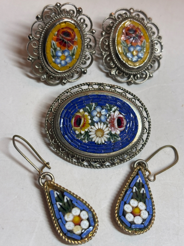 Micro Mosaic Glass Brooch & Two Mosaic Earrings