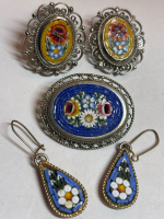 Micro Mosaic Glass Brooch & Two Mosaic Earrings