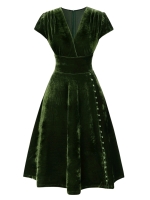 New Women's XL 1940s Deep V-Neck Pearl Velvet Dress.