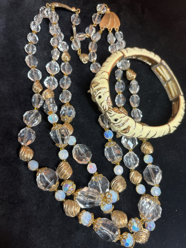 Vintage Eye Catching Lucite 3 Strand Necklace AB Faceted Enamel Double Tiger Flex Bracelet