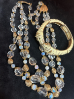 Vintage Eye Catching Lucite 3 Strand Necklace AB Faceted Enamel Double Tiger Flex Bracelet