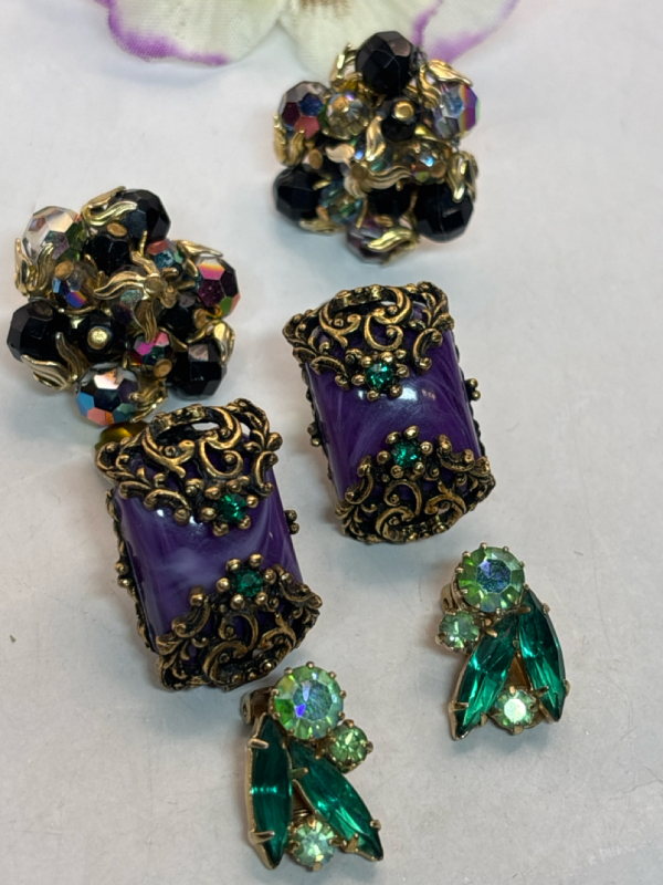 Three Stunning Earrings Statement Czeck / Oil Slick Mystic Watermelon AB / Emerald Peridot Rhinestones