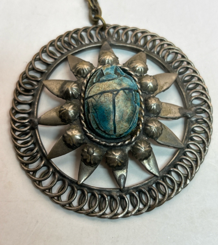 Vintage Egyptian Blue Faience Carved Scarab Pendant Necklace