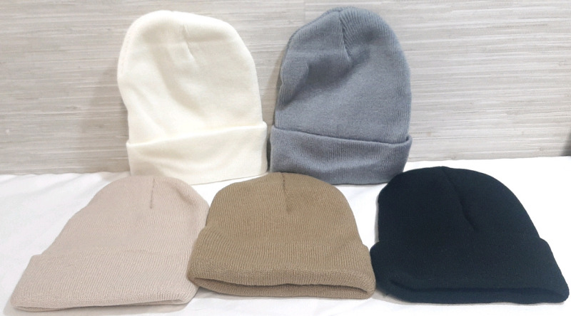 5 New Hat Beanies, White, Black Gray