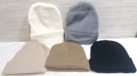 5 New Hat Beanies, White, Black Gray