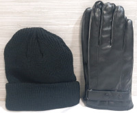 New Pair of Leather Gloves & Black Beanie Hat