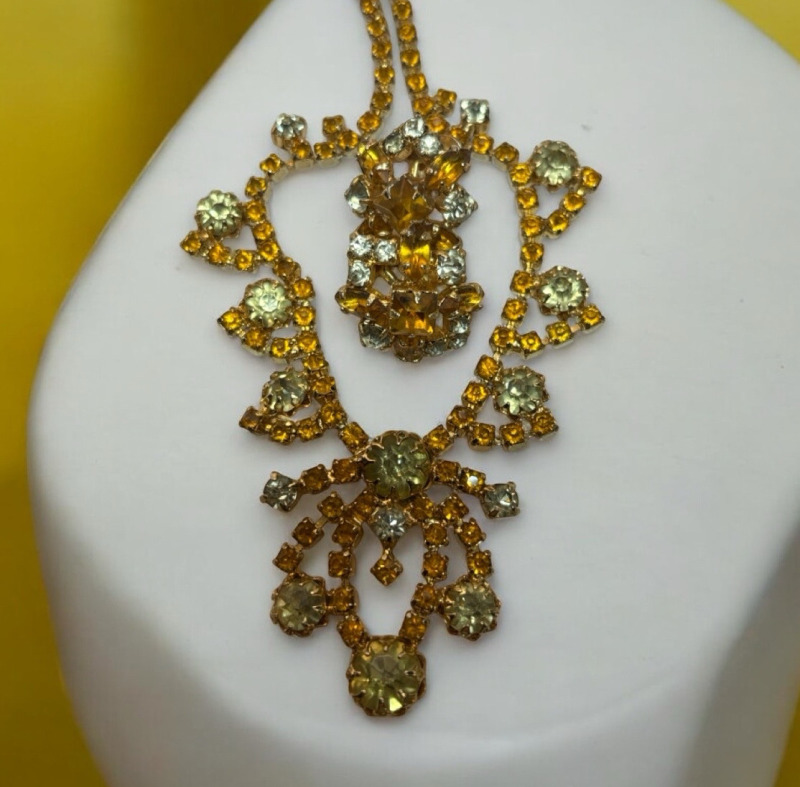 Stunning Continental Jonquil Rhinestone Necklace & Earrings Signed
