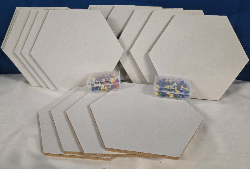 New | 16 Pcs Self Adhesive Hexagon Cork Board W/ Push Pins | Hexagons Measure 8" x 7"