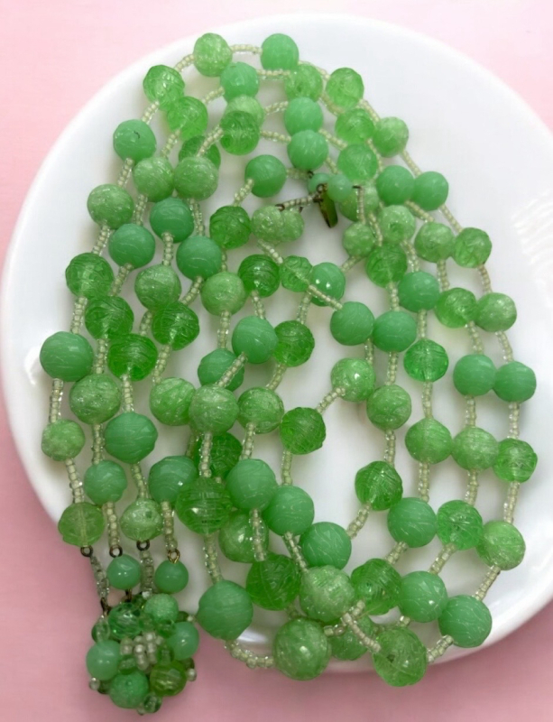 Vintage Western Germany 4 Strand Apple Green Opaque and Carver Sugar Beads Amazing Box Clasp Signed