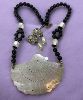 Statement Vintage Black Bead Huge Mother Of Pearl Fan Necklace Art Nouveau Drop Earrings
