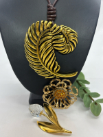 Statement 4 Inch Feather Leaf Necklace / Rhinestone Cut Out / Tulip Brooch With Swarovski Crystal