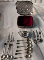 Assorted Small Cocktail Serving Utensils and Case.