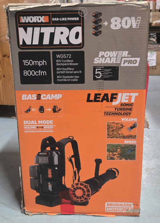 WORX #WG572 80V Cordless Backpack Leafblower W/ Brushless Motor