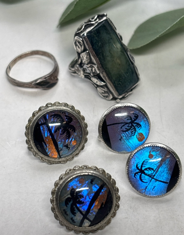 Vintage Sterling Blue Morpho Earrings Two Sterling Rings Desirable Art Nouveau Green Stone