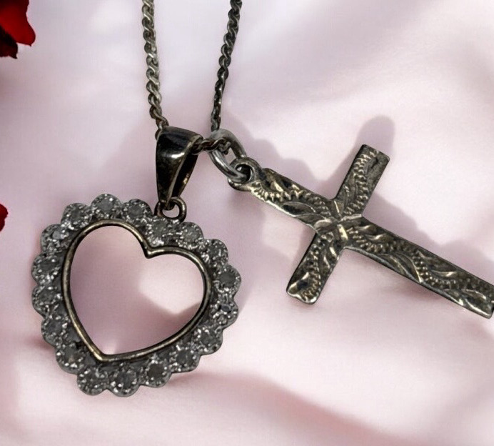 Sterling Silver Box Chain With Sterling Etched Criss & Sterling Ipen Heart With Stones
