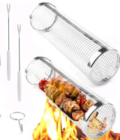 New | 2 Stainless Steel Vegetable Grill Rolling Baskets | Measures 12" Long 3.5" Dia