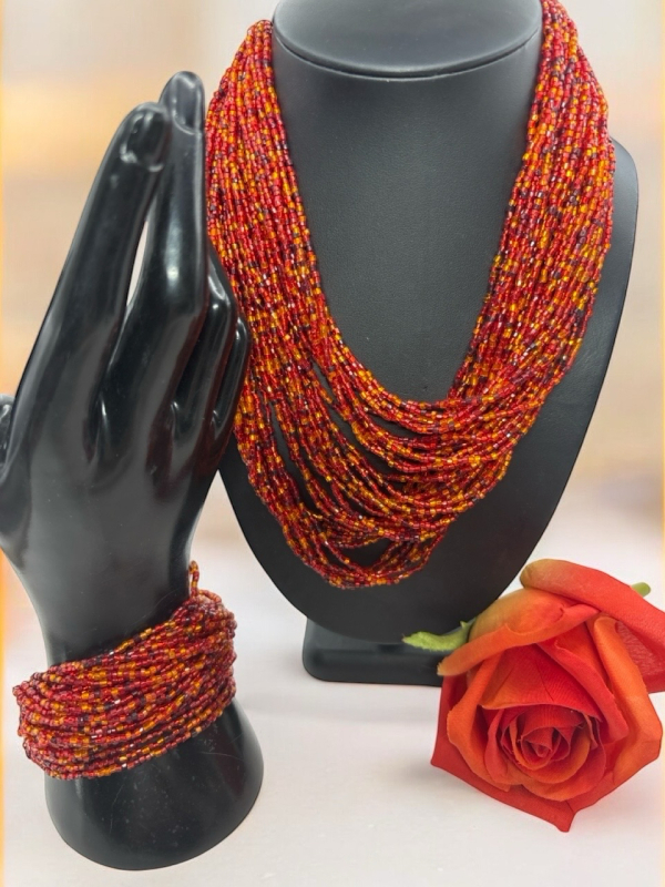 Vintage Timeless Multi Strand Orange & Red Necklace and Bracelet