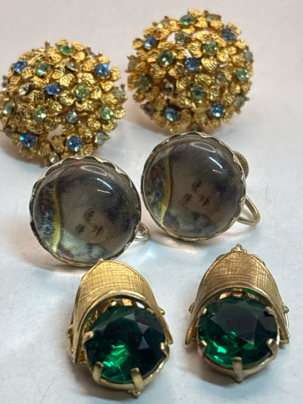 Two Coro Earrings Marie Antionette Domed Bubble Glass & Uranium Coro Round Blue & Peridot / Large Emerald Rhinestone clips Stunning Vintage