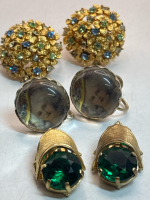 Two Coro Earrings Marie Antionette Domed Bubble Glass & Uranium Coro Round Blue & Peridot / Large Emerald Rhinestone clips Stunning Vintage