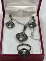925 Sterling Marcacite Filigree Set Necklace Pendant Pierced Earrings Ring Elegance At its Best