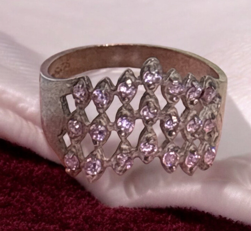 925 Sterling Mexico Lacy Prong Set Pink Stone Ring Size 7 Stamped