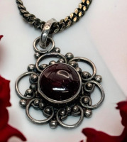 Sterling Braided 24 Inch Chain 925 Filigree Garnet Pendant