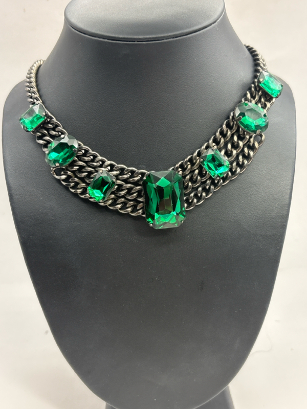 Brutalist Style Emerald Green Glass Prong Set Large Cab Necklace C&Auml;RA New York Statement Chainmail