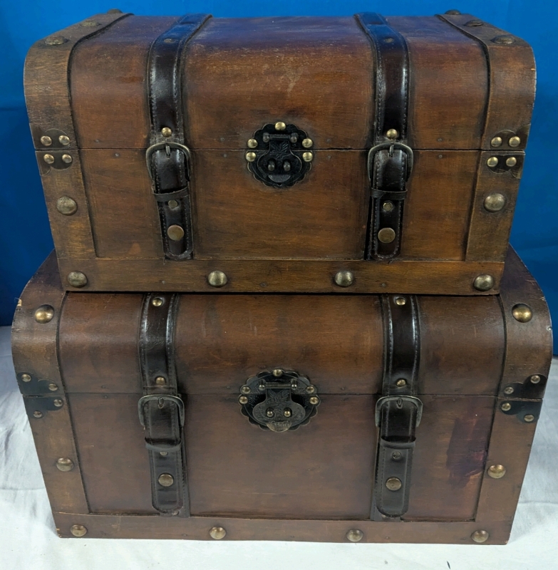 2 Latching Wooden Trunks With Leather Straps - Fit Inside Each Other - 1 Big Trunk and 1 Smaller Trunk