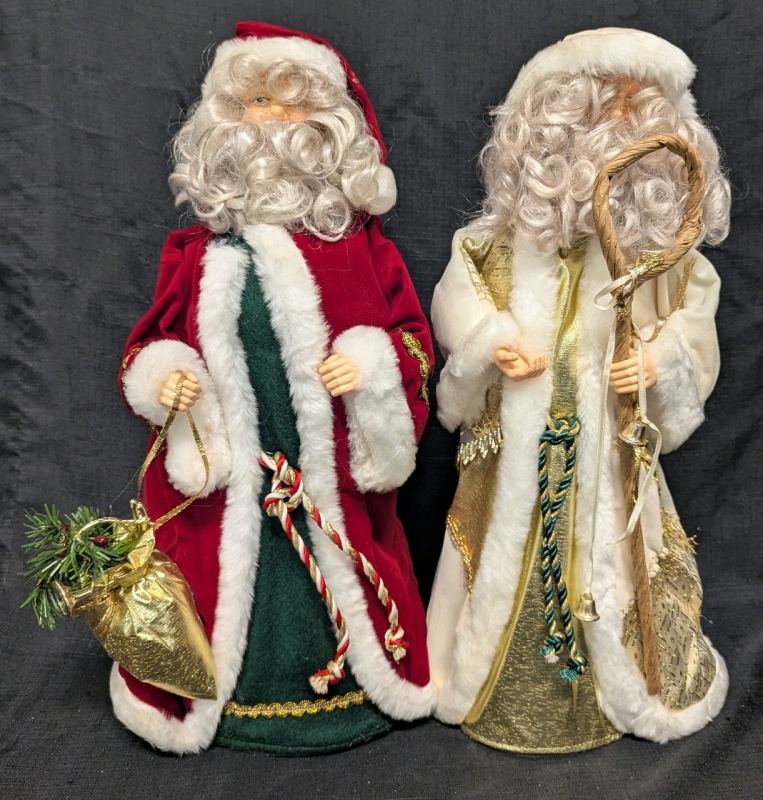 2 Large Christmas Santa Claus Figures - Gold and White - Red and White - Both 18.5" Tall