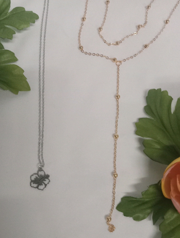 New | 2 Woman's Thin Chain Necklaces | Comes with Silver Colored Hibiscus Necklace and Gold Colored Double Chain