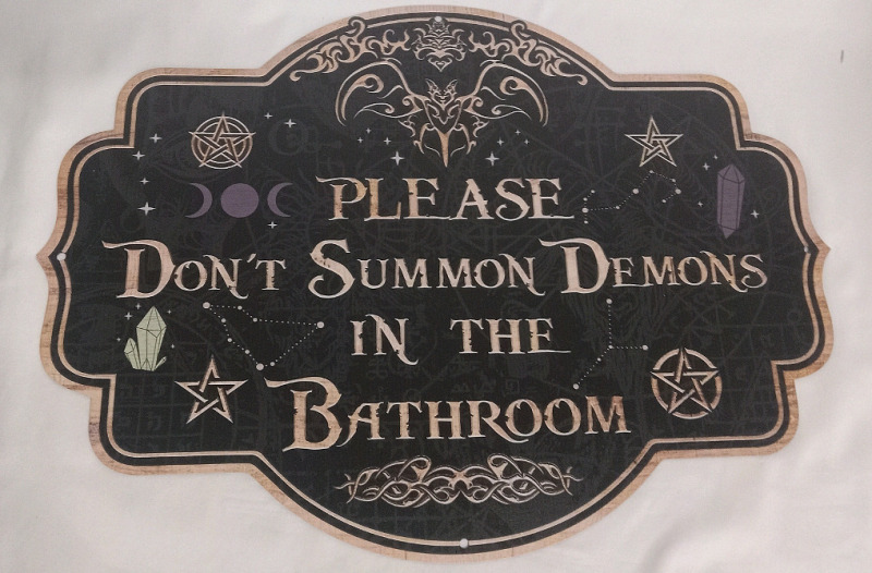 Metal Door Sign | "Please Don't Summon Demons In The Bathroom" | Measures 18 x 13"