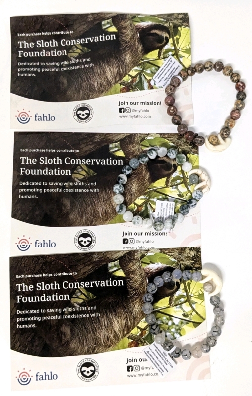 3 New FAHLO Sloth Conservation Foundation Polished Stone Expansion Bracelets with Tracking Codes: Esmeralda, Churro, Calypso