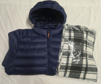 New | Blue Unisex Size:XL Puffer Jacket W/ Plaid Style Scarf