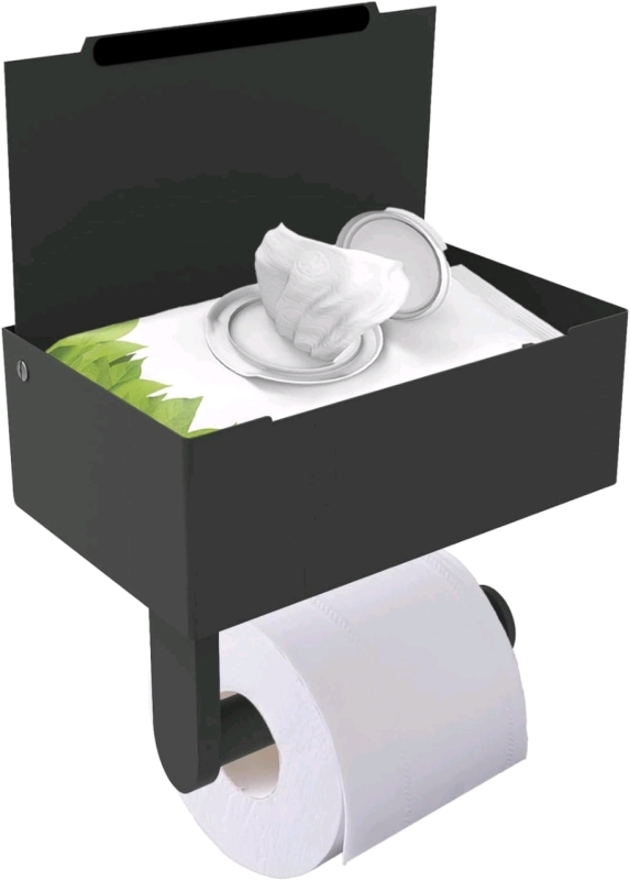 New Toilet Paper Holder with Shelf and Storage, Keep Your Wipes Hidden Out of Sight (Black) with Optional Adhesive Backing