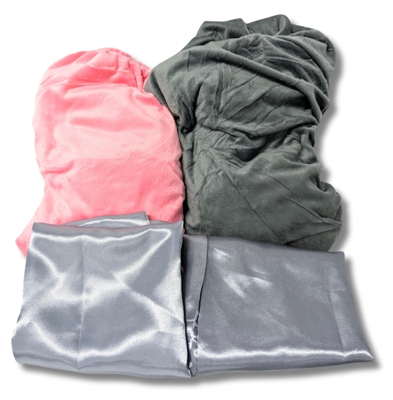 2 New Twin Size Velour-Like Fitted Bottom Sheets & 2 Silver Silky Standard-Size Pillow Cases (19" x 25.5")