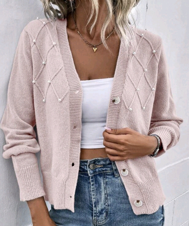 New sz Large Women's Frenchy Pearl Beaded Textured Knit Cardigan
