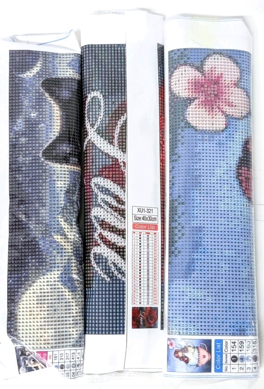 3 New Diamond Painting Kits : Wolves (11.8" x 11.8"), Love & Roses (15.74" x 11.8"), Girl in Teacups (15.74" x 11.8")