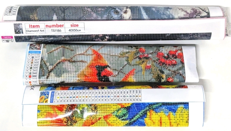 3 New Diamond Painting Kits : Owls (15.7" x 19.7"), Sunflowers (15.7" x 11.8"), Cardinals (15.7" x 11.8")