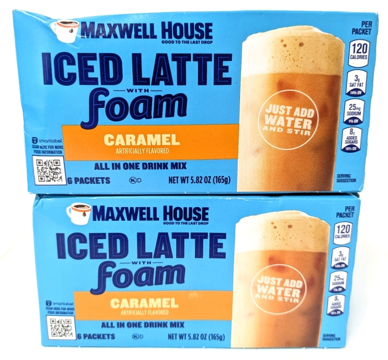 2 New MAXWELL HOUSE Iced Caramel Latte with Foam Instant Coffee Drink Mixes | 6 Packets 165g Dry Mix Per Box