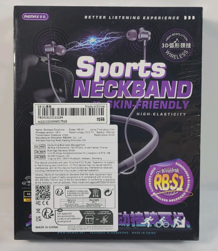 New - Bluetooth Wireless Neckband Sports Earbuds , Model RB-S1
