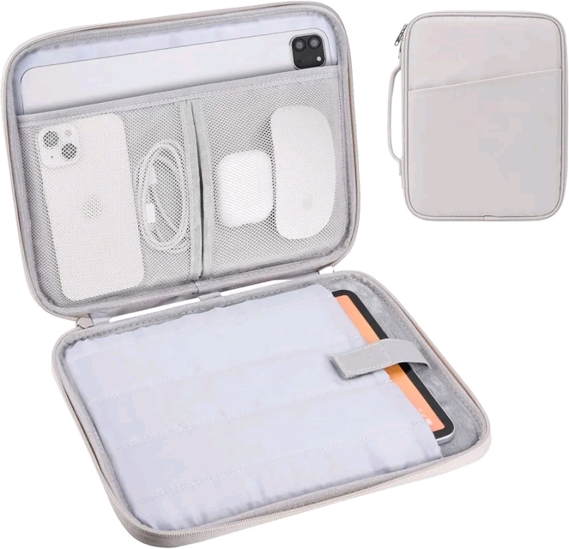 11 Inch iPad Travel Case Organizer, Padded Tablet Carrying Sleeve Bag for iPad Pro 11-in (M4), iPad 10.9 (10th Gen), iPad Air 11-in (M2), Galaxy Tab S8/S9 (White Grey-11)