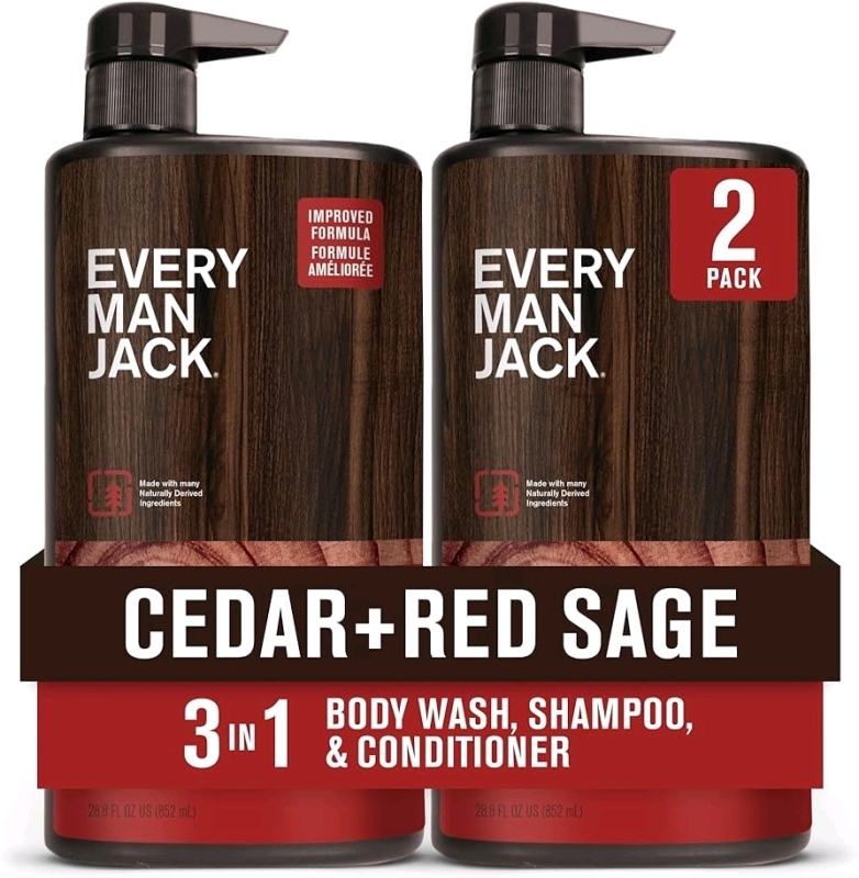 New 2-Pack EVERY MAN JACK Men&rsquo;s 3-in-1 All Over Wash : Cedar + Red Sage Scent | 852ml ea