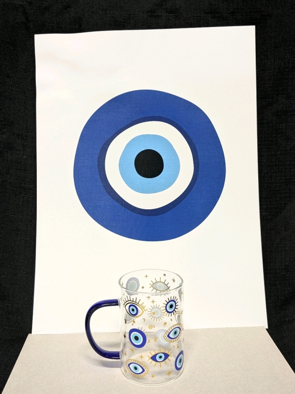 New EVIL EYE Glass Coffee Mug & Haus and Hues Art Print on Thick Textured Paper (12" x 16")