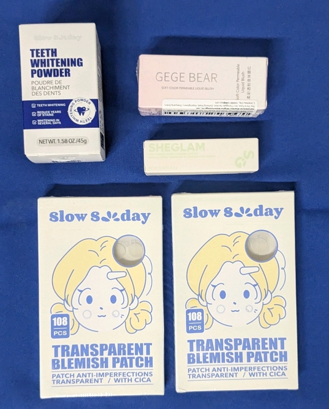 New Slow Sunday Transparent Blemish Patches x2, Teeth Whitening Powder, SheGlam Pout Purest Changing Lipstick (Avocado) & GeGe Bear Soft Color Permeable Liquid Blush (Matte Pink #02)