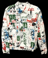 New Men's Medium Manfinity Random Splatter Paint Letter Graphic Flap Pocket Denim Jacket | Retails Over $50