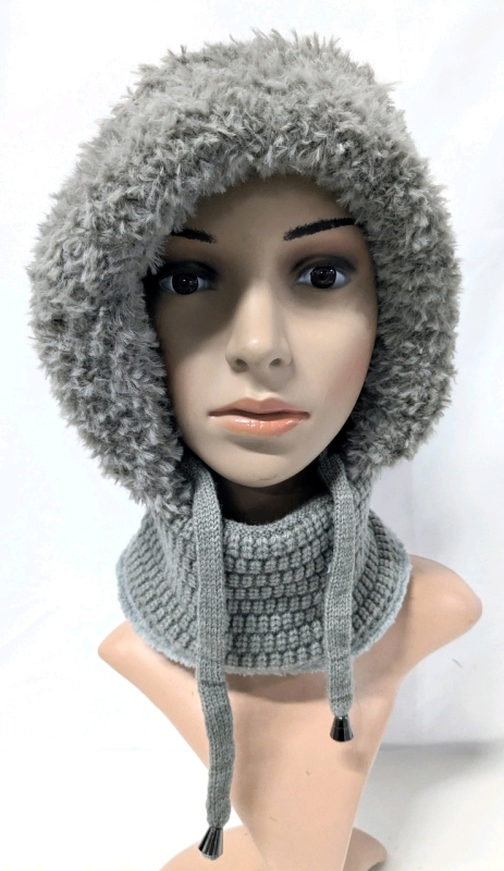 New O/S Super Warm Lined Knitted Hood with Drawstrings & Fold-Up Mouth Cover